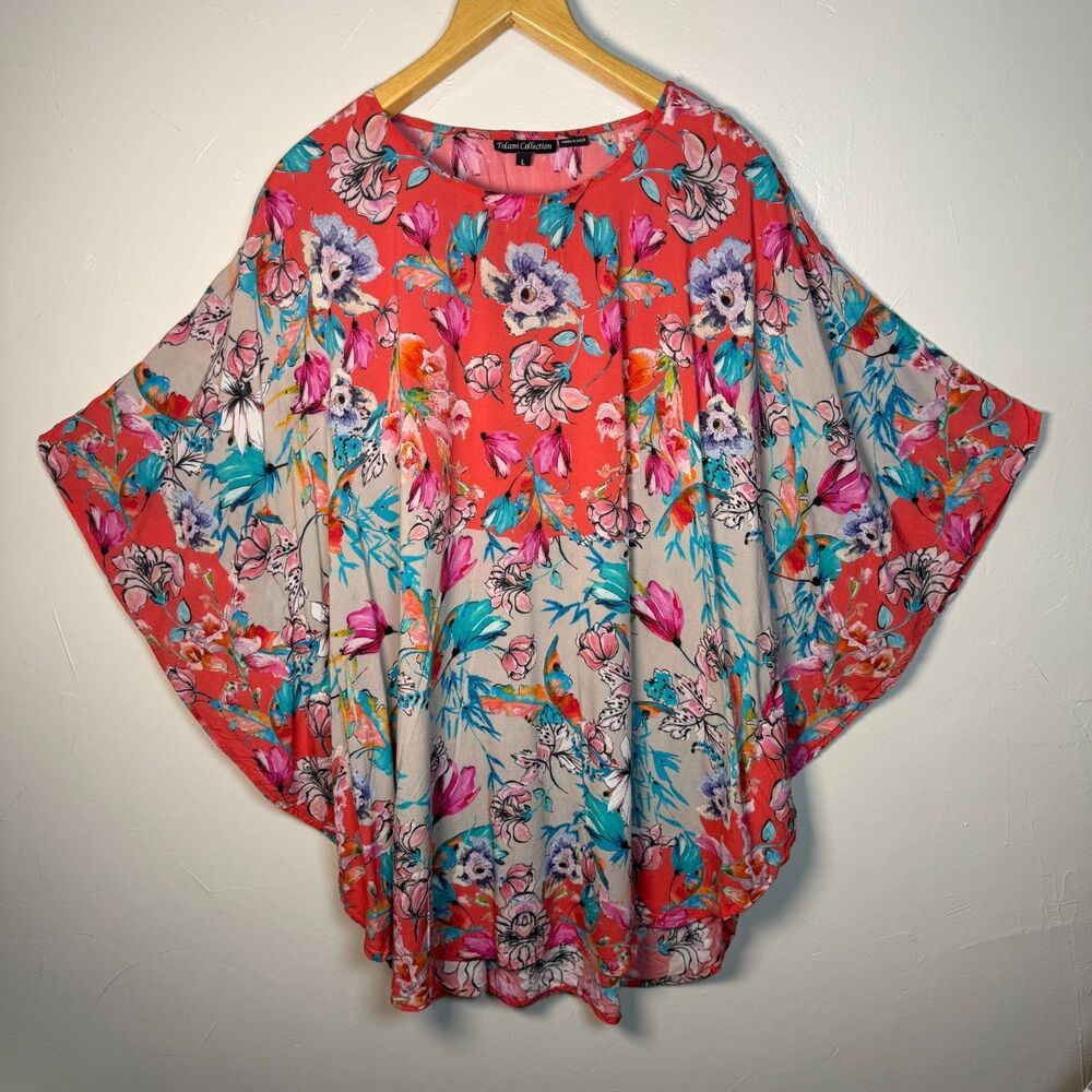 Tolani Collection Poncho Tunic Top Pink Blue Florals Size Large Modal Boxy Boho